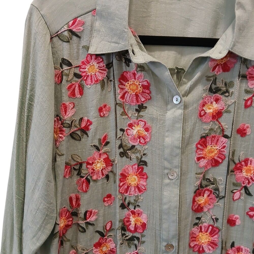 Figueroa & Flower Tunic Blouse Shirt Large Green Floral Embroidered Button Boho - Picture 2 of 14
